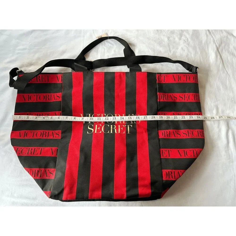 Victoria's Secret Red/Black Striped Large Tote/Beach Bag, NWT, Zipper, Crossbody - Picture 5 of 10